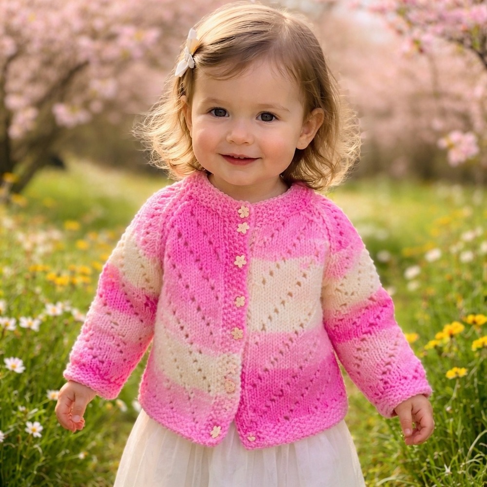 Handmade‎ Pink Ombre Pointelle Knit Cardigan Sweater Flower Buttons Kids Toddler